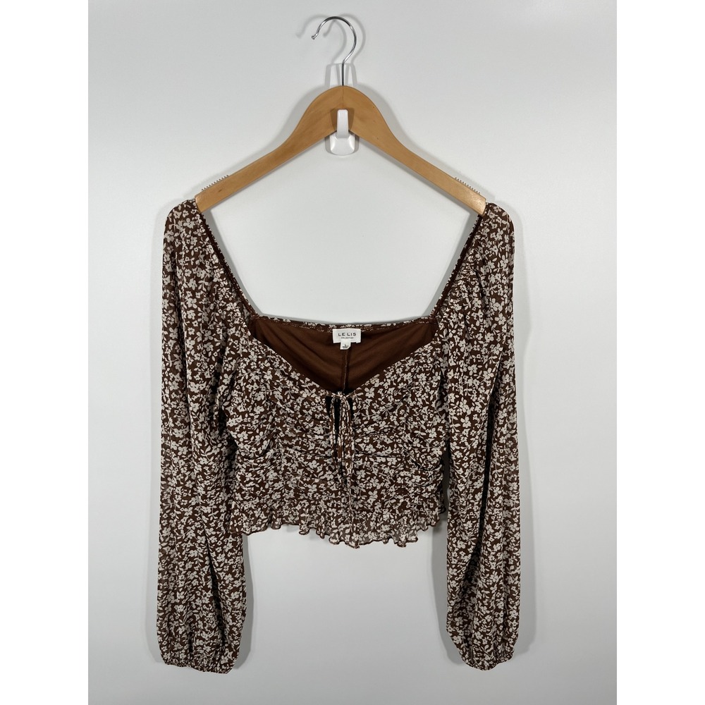 Women Babydoll Milkmaid Top L Brown Floral Puff Sleeve Ruffle Cottage Boho Fairy